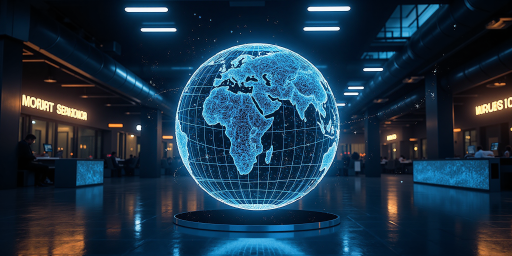 跨境电商平台Logo，国际化设计，蓝色主色调，科技感强