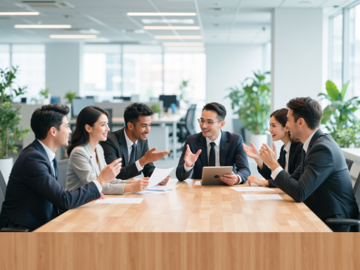 商务团队会议场景，几位专业商务人士围坐讨论，桌上摆放着笔记本电脑和文件，现代办公环境